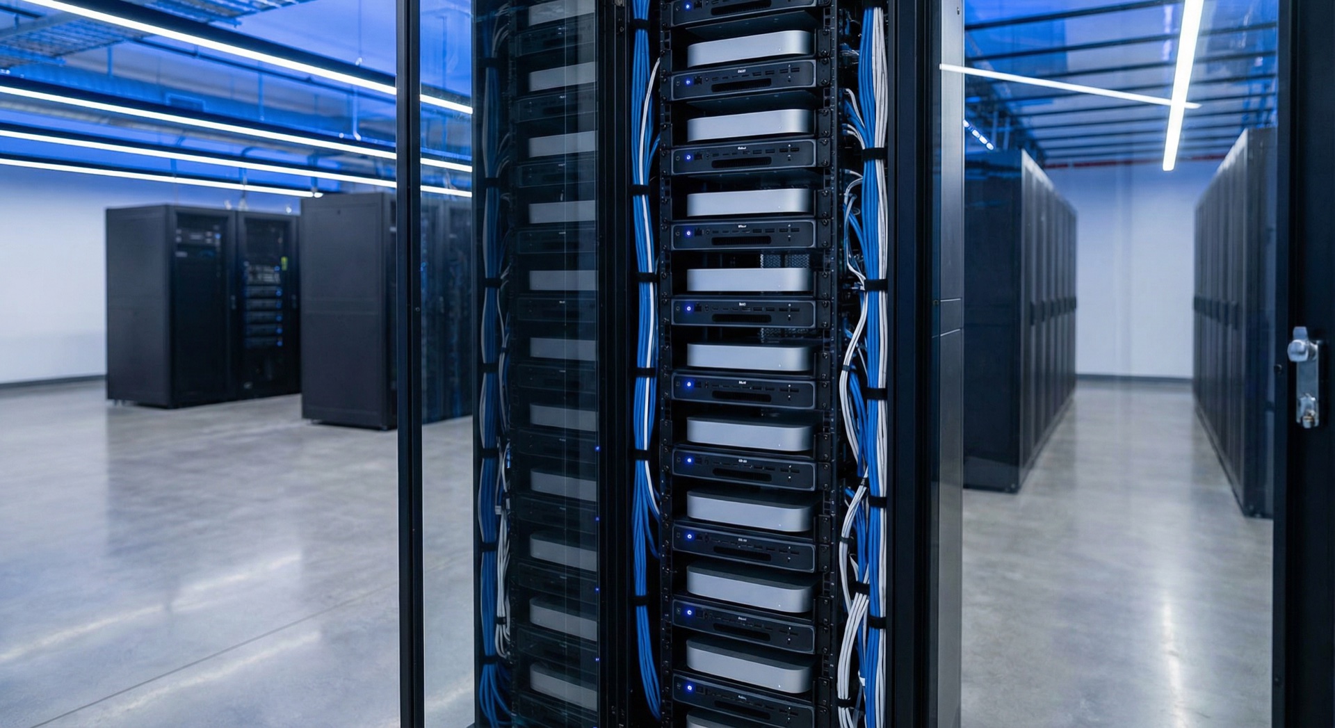 Dedizierte Mac mini Server-Infrastruktur in modernem Rechenzentrum für maximale Kompilierungsleistung ohne Noisy-Neighbor-Probleme